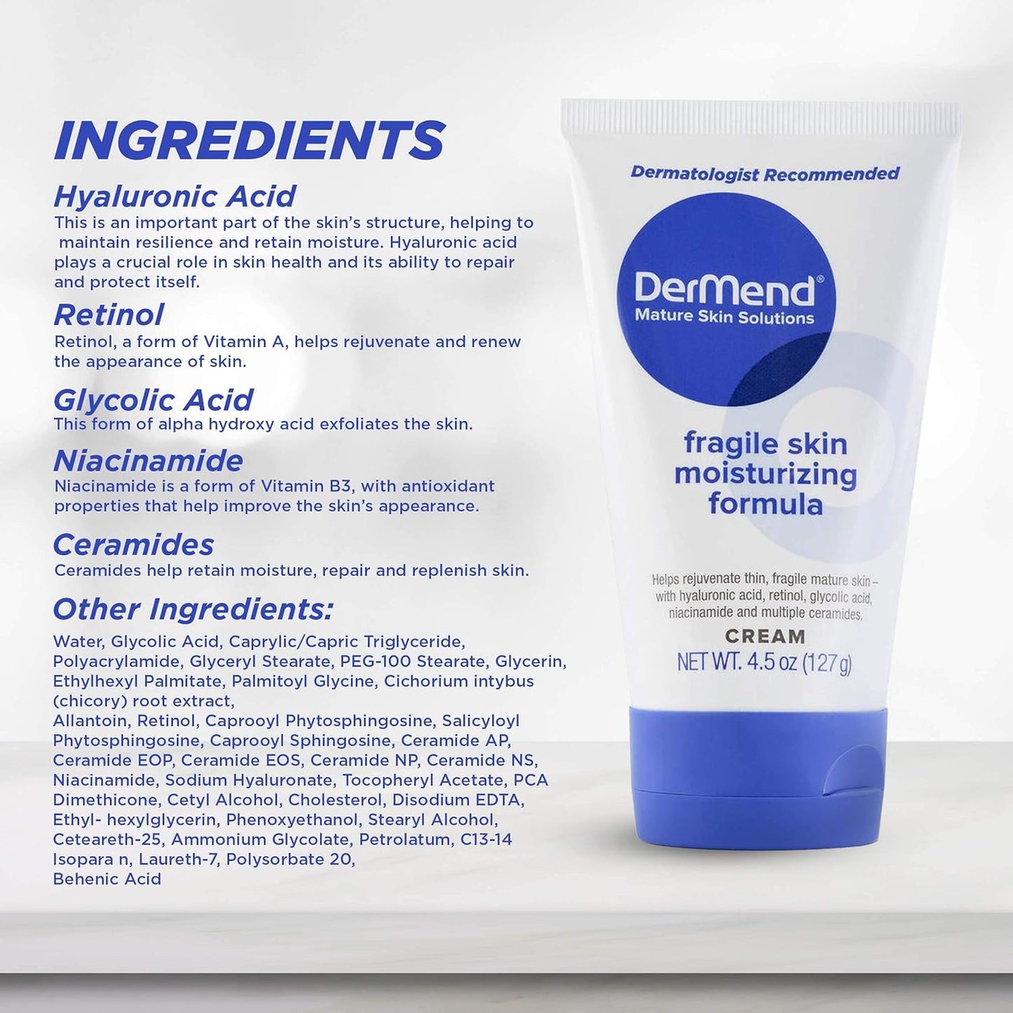 Dermend Fragile Skin Moisturizing Cream for Mature Skin, Anti-Wrinkle Daily Moisturizer with Ceramides for Face & Body, 4.5 Oz